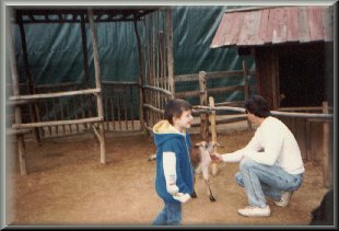 Bradley laughing, Tom feeding a goat 1/1989